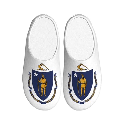 Cozy Massachusetts State Flag print Slippers Indoor and Outdoor Fuzzy House Shoes Anti-Skid Sole Gifts for Women Indoor Scuff