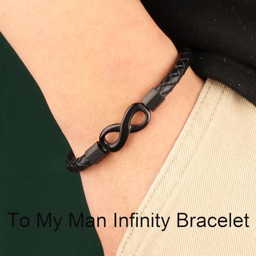 To My Man Infinity Leather Bracelet, Love You Forever and Always Stainless Steel Bracelets Husband Gifts from Wife Valentine Birthday Christmas Fathers Gifts for Him4