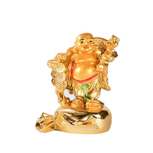 Resin Golden Laughing Buddha Carrying Coins Statue Feng Shui Wealth Lucky Gift Decoration
