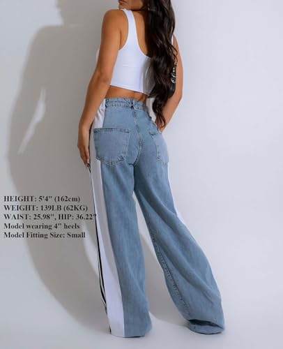 Women's Wide Leg Jeans High Waisted Stretch Patchwork Color Block Stripes Loose Straight Baggy Denim Pants3