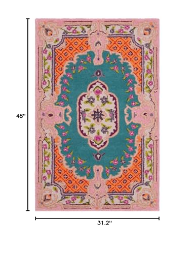 Tapete decorativo 2'6'' x 4' azul y rosa de lana miniatura 2