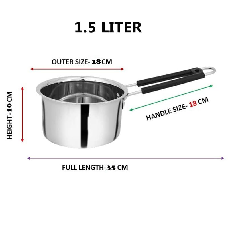 Image of Heavy Steel Sauce Pan - 1, 1.5, 2 Litre, 18 Gauge, Gas Stove Friendly, Silver | Milk Boiler, Tapeli, Patila with Handle (Total Weight 1970g) Set 3