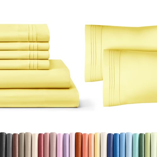 6 Piece Yellow Full Size Bed Sheet Set + 2 Extra Pillowcases Bundle – 8” to 16” Deep Pockets – Flat Sheet 81 x 96, Fitted Sheet 54 x 75 and 6 Pillowcases 20 x 30 – Oeko-TEX Full Size Sheet S