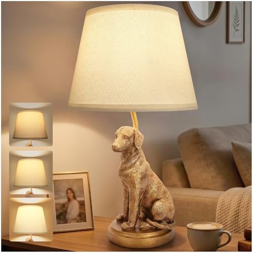 Golden Resin Dog Table Lamp for Bedroom Living Room Bar Home Decor Antique Gold Finish Cute Animal Dog Design 3-Way Brightness Adjustable White Linen Shade Desk Lamp for Home Nightstand End Table