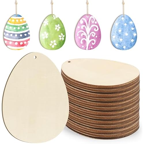 Wooden Egg Ornaments to Paint Easter Decoration Cutouts Unfinished 24PCS 3.5 x 3 inches, DIY Blank Unfinished Wood Discs Ornament for Home Crafts Hanging Spring St. Patrick Day Decoration