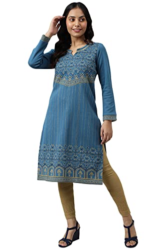 Image of Aurelia Women Faience Cotton Blend Floral Yarn Dyed Straight Kurta