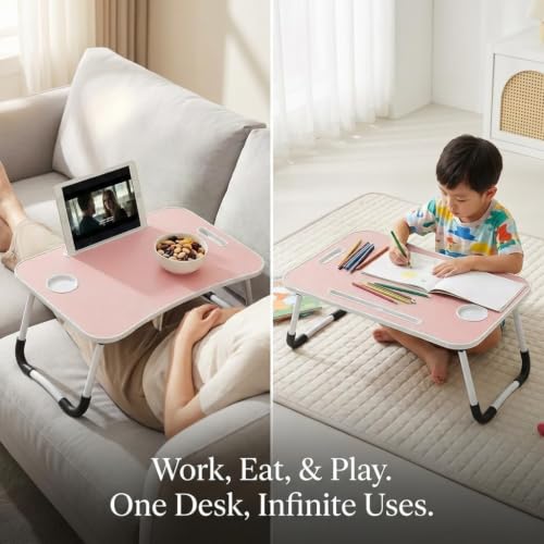 Image of BUYIFY 23 inch Foldable Lap Desk for Laptop Writing w /Cup Holder Pink