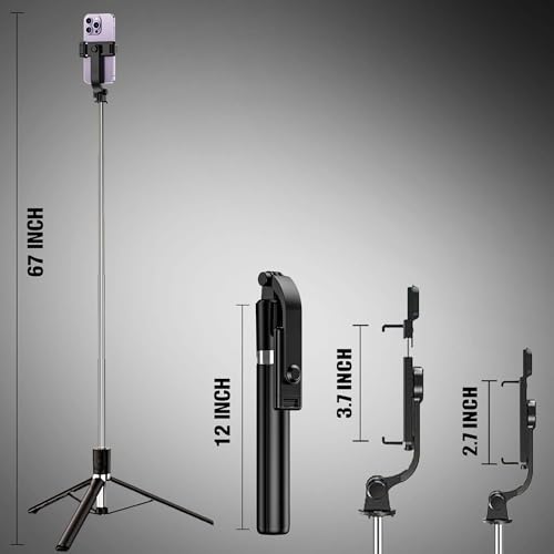 Image of Kratos Upgraded 2026 67Inch / 170cm Long Selfie Stick Tripod with Wireless Remote, Long Tripod Stand with 360 Rotation, Compatible with Mobile /GoPro for Travel,Suitable for iPhone and All Smartphones