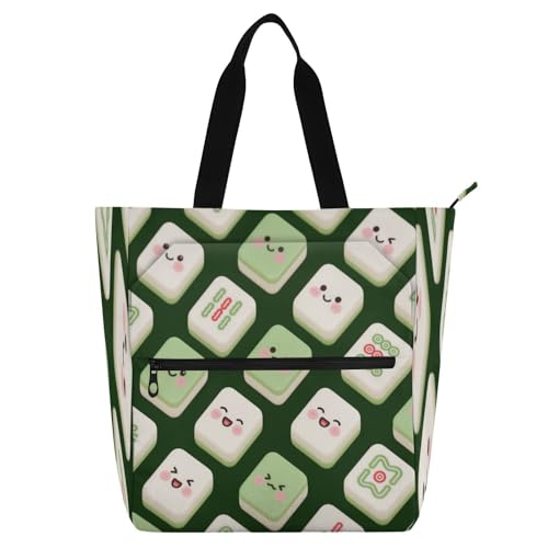 Bolsa decorativa para libros para niños, niñas y adultos, diseño de dibujos animados, color verde, mahjong chino, resistente al agua, bolsa de biblioteca con bolsillos con cremallera para la escuela