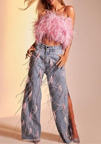 Famnbro Womens Rhinestone Tassels Jeans Baggy Y2K High Waisted Side Slit Fringe Feather Sparkly Bling Denim Pant2