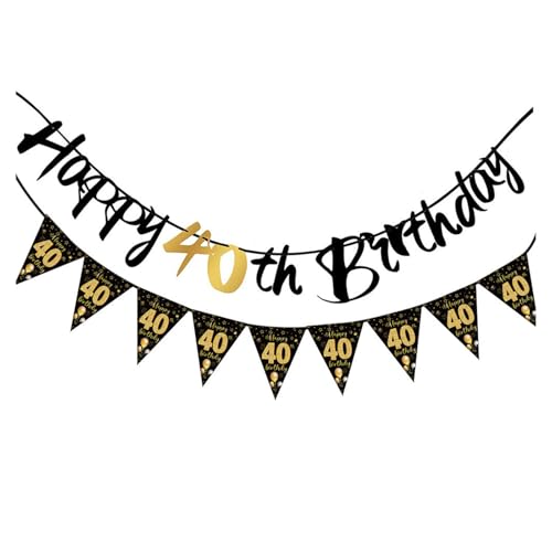 Cuixia Happy 40th Birthday Banner Bunting Kit Black and Gold 1PCS