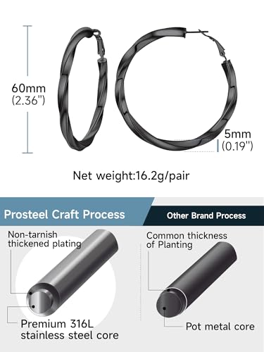 Image of Stainless Steel Chunky Hoop Earrings For Women, Minimalist and Chic, Black /Gold Plated, Round Hoops Earrings Hypoallergenic, Size: 30mm /40mm /60mm /80mm, Come with Box
