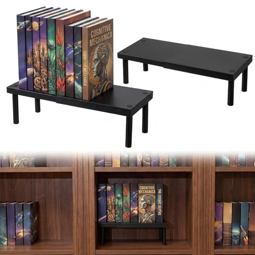 Thyle 2 Pack Book Shelf Riser Expandable Metal Book Riser Adjustable Length 7.8-13.7 Inch Space-Saving Double Rows Display Stand for Manga Novels DVDs Cds