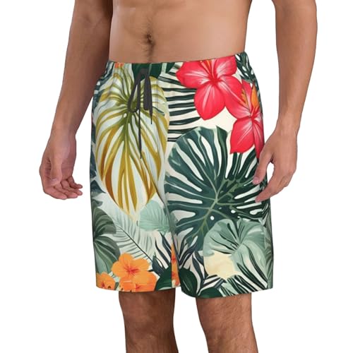 Leaves with Hibiscus Print Stylish Beach Shorts Swim Trunks Lightweight Breathable Summer Outdoor Activities2