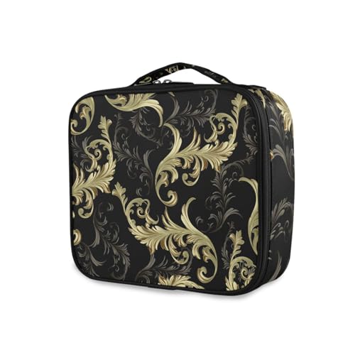 OTVEE Makeup Bag Black and Golden Baroque Floral Travel Cosmetic Bag Large Train Case with Adjustable Dividers