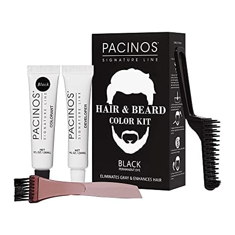 Pacinos Hair & Beard Color Kit (Black) - Hair Color For Men, Eliminates Grays in 5 minutes, Easy to Apply Brush-In Formula, Enhances Appearance of Hair for Moustache & Beard Cover