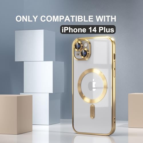 Image of Misea Magnetic for iPhone 14 Plus Case Compatible with MagSafe Gold | [Never Yellowing] [Military Drop Protection] Full Camera Lens Protector Plating Soft Clear Phone Case for Women, Gold