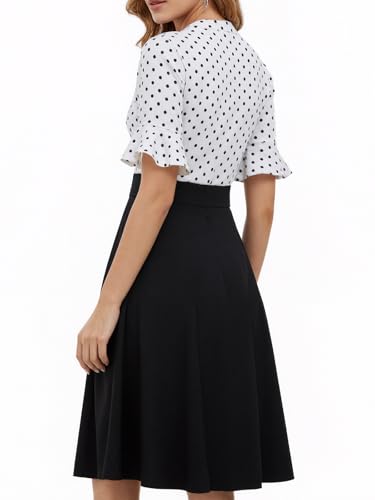 Image of Mokayee Womens Summer V Neck Ruffle Short Sleeve Fit and Flare Knee Length Church Wedding Guest Dresses with Pockets