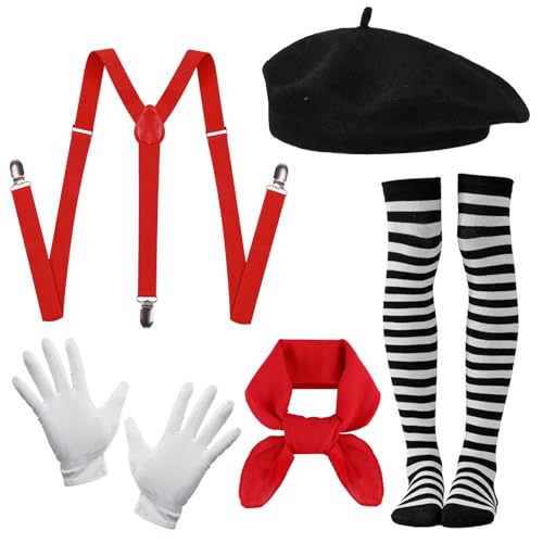 Xerteam Pantomime Kostüm Damen Herren Karneval Pantomime Kostüm Schwarze Baskenmütze Rote Schal Schwarz-weiß Gestreifte Strümpfe Weiße Handschuhe Hosenträger Faschingskostüme Karneval Kostüm