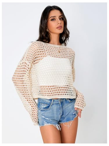 Image of Verdusa Women's Crochet Hollow Out Drop Shoulder Sweater Knit Pullover Tops Apricot Medium
