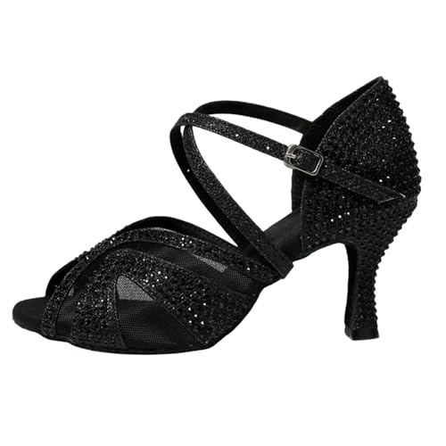 Women's Latin Dance Shoes Latin Dance Shoes for Adult Women with Diamond Inlay, Professional Latin Shoes with Soft Soles for Latin, Salsa, Samba, Chacha(Black 7.5 cm,39)