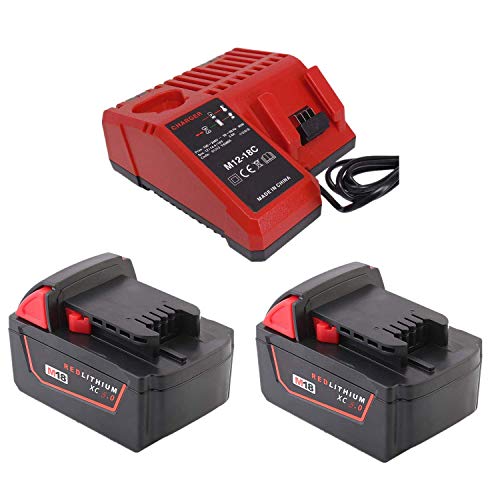 Batería de litio de repuesto con cargador M12-18C para Milwaukee M18, 4933459159, luz de búsqueda M18 BBL/0 con batería de repuesto (2 x 18 V, 5 Ah)