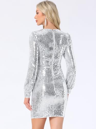 Image of Allegra K Sequin Dress for Women Party Cocktail Lantern Long Sleeve Sparkly Glitter Disco Outfits Bodycon Mini Dresses