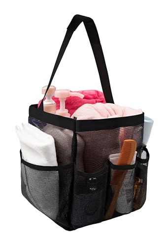 Mesh Shower Caddy Portable College Dorm Essentials for Girls Guys with 8 Pockets Large Bathroom Shower Tote Beach Camp Travel Hanging Toiletry Bag Black