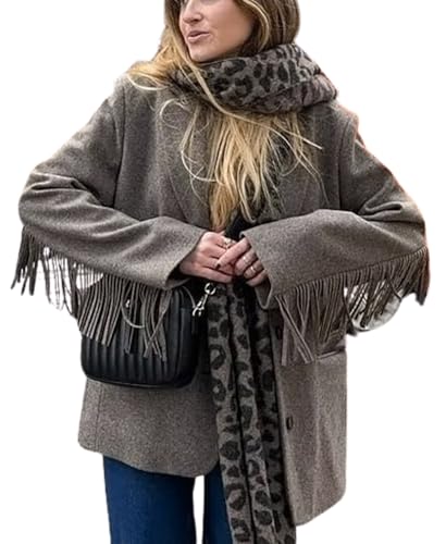 CHARTOU Women's Fashion Fringe Tweed Jacket Blazer Oversized Notched Lapel Single Breasted Back Slip Coats