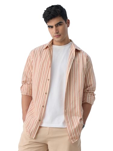 Image of The Souled Store Cotton Linen Stripes: Apricot Men and Boys Long Sleeves Collared Neck Orange Stripes Regular Fit Lightweight Comfortable Summer Cotton Linen Shirts