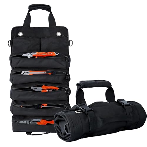 Portable Foldable Roll Up Tool Bag Organizer with 5 Compartments & 2 Detachable Pouches, Heavy Duty Waterproof Tool Pouch Bag for Secure Tool Storage, Tool Roll for Dad Men Electrician Mechanic Gifts