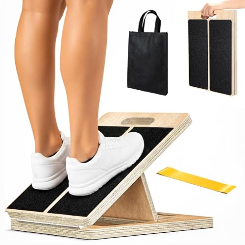 Adjustable Wooden Slant Board for Calf Stretching, Squats & Physical Therapy – Portable Incline Stretch Board for Ankle, Knee, Heel & Foot Mobility with 2 Extra Sand Papers, Carry Bag & Mini Loop Band