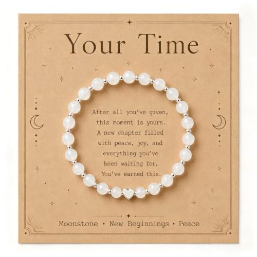 Image of Your Time Moonstone Stretch Bracelet with Sentimental Kraft Card, Silver Heart Charm Matte Moonstone Beaded Bracelet, New Beginnings Encouragement Gift for Women, Graduation Promotion New Chapter Mile