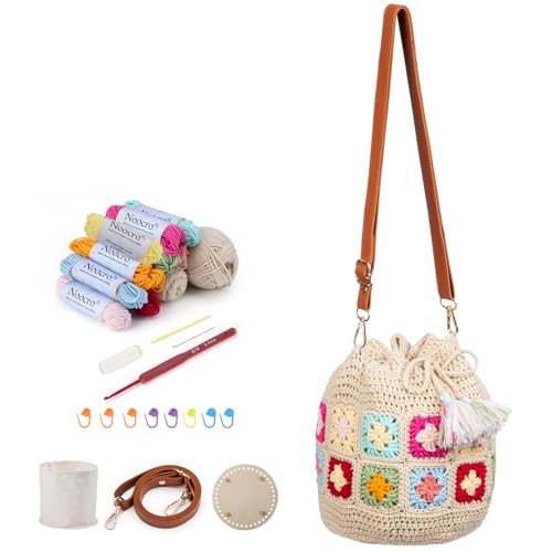 Image of Noocro Crochet Kit for Advanced or Intermediate Beginner DIY Granny Square Bucket Bag, Purse, with Step by Step Tutorial Video and Detailed Instruction Complete Kit Craft Supplies Holiday Gift