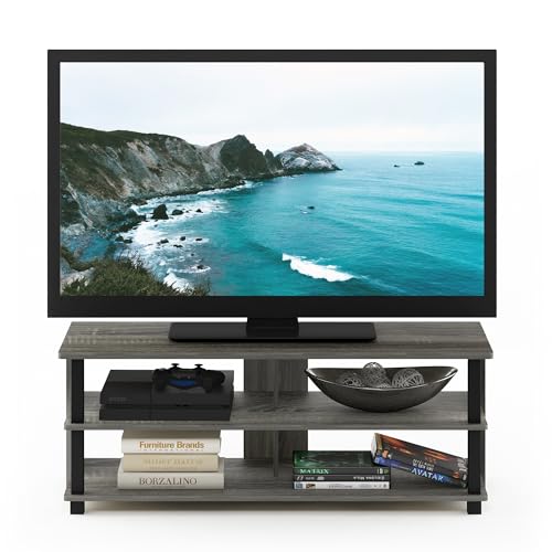 Image of Furinno Sully 3-Tier Stand for TV Up to 48 Inch, French Oak Grey /Black | Rectangular Entertainment Center, TV Console, Open Frame for Cable Management, for Living Room, Bedroom