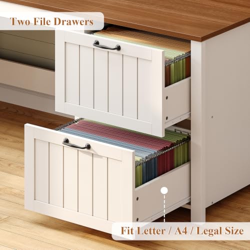 Image of SEDETA Farmhouse 63 inch Executive Desk, Home Office Desk with File Drawer and Monitor Stand, Computer Desk with Drawers and Storage Cabinet, Wood Desk for Work Study Writing, White Brown