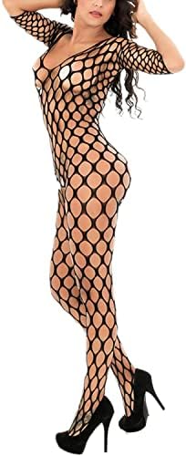 Bommi Fairy Women Lingerie Fishnet Bodysuits Nightwear for Romantic Date Long Sleeve Babydolls Mini Dress Mesh Stockings Tights Free Size