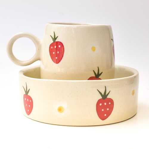 Image of Strawberry Breakfast Bowl & Coffee Mug Set| Microwave Safe | Matching Set of Cup and Bowl| Cute & Aesthetic | Pinterest Bowl & Mug| 240 Ml (Design 2)