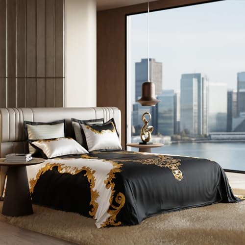 Image of Stoa Paris 300TC UltraSatin Super Size Bedsheet with 4 Pillow Covers, 274cm x 274cm Ideal for King & Double Bed, Gentle on Skin & Hair, Fade & Wrinkle Resistant, Quick Dry, Baroque - Cream, Gold