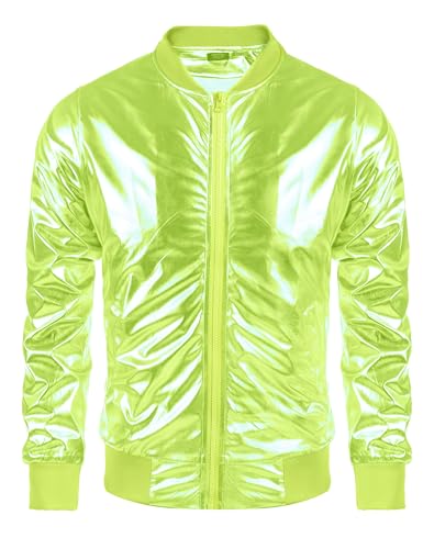 COOFANDY Men's Metallic Jacket 70s Disco Dance Party Costume Shiny Varsity Zipper Baseball Bomber Jacket,Lemon,L