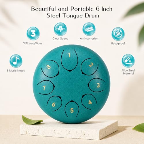 Image of Bawy Steel Tongue Drum 8 notes 6 inch | Handpan Drum | percussion instruments | Musical Instrument for Meditation, Yoga & Kids | Easy to Play | Includes Drumsticks, Carry Bag & Music Book. (Blue)