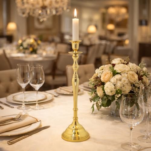 Image of Aluminum Royal Candlestick Holders for Tapered Candles, Tapered Candle Holder for Home Decor & Best Gift for Christmas Decor, Dining Table Decor (Gold, Large)