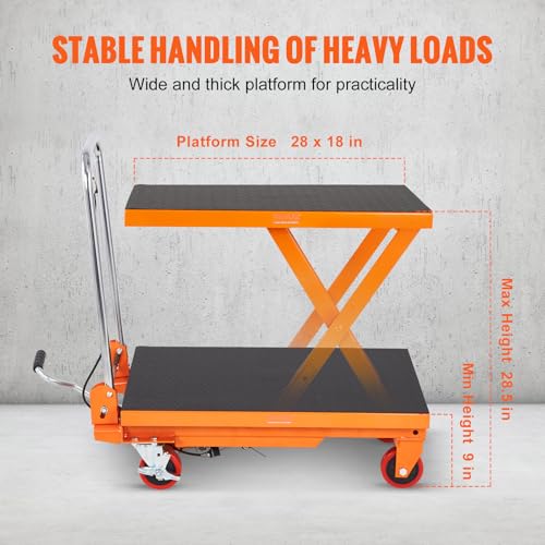 VEVOR Hydraulic Lift Table Cart, 330lbs Capacity 28.5" Lifting Height, Manual Single Scissor Lift Table with 4 Wheels and Non-Slip Pad, Hydraulic Scissor Cart for Material Handling and Transportation