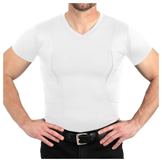 CCW Tactical Concealed Carry Holster Shirt | Secure Hook & Loop Pocket with Large Storage | All Season Moisture Wicking Compression Shirt | Mens V-Neck, White L