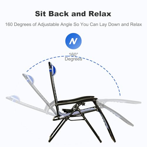 Nazhura Set of 2 Relaxing Recliners Patio Chairs Adjustable Steel Mesh Zero Gravity Lounge Chair Beach Chairs with Pillow and Cup Holder (Navy Blue Stripe)