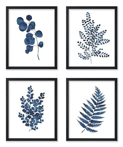 Poster Master 4-Piece Blue Leaves Poster - Botanical Print - Watercolor Art - Trendy Art - Gift for Men & Women - Abstract Wall Decor for Bedroom, Living Room or Kid's Room - 8x10 UNFRAMED Wall Art