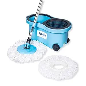 Senego Spin Mop with Big Wheels and Stainless Steel Wringer, Bucket Mopping System for Floor Cleaning (Extra 1 Microfiber Refill, Blue)