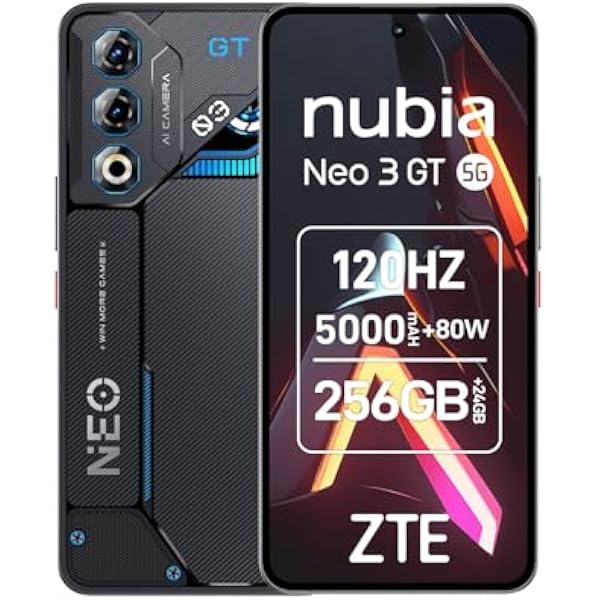 ZTE Nubia Neo 3 GT 5G, smartfon do gier AI, 12 GB+256 GB, spusty boczne, światła LED, wyświetlacz OLED 6,8 cala 120 Hz, bateria 5000 mAh, Android 15, szary