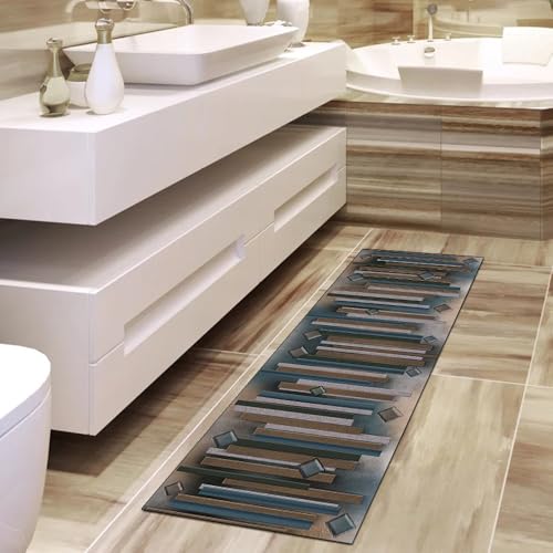 Alfombra pasillo 50x200 cm lavable rayas azul marrón dormitorio 4
