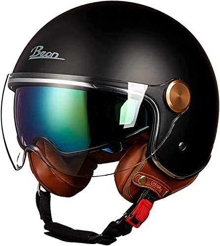 Open Face Motorcycle Vespa Helmet,Dot/Ece Approved Retro Classic Moped 3/4 Half Helmet With Dual Visor For Adult Women Men, Half Face Vintage Motorbike Scooter Helmets ( Color : A , Size : L=59-60Cm ) #TOP3